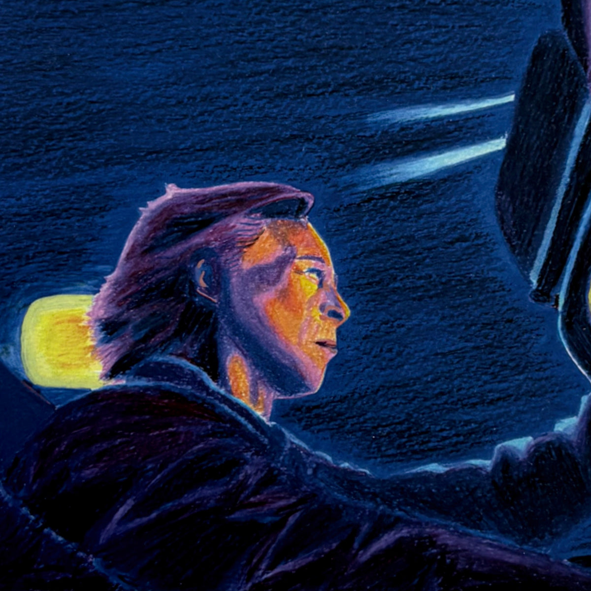 Détail de « Driving at Night » : profil d’une personne au volant, éclairé d’orange dans une scène nocturne bleue.
