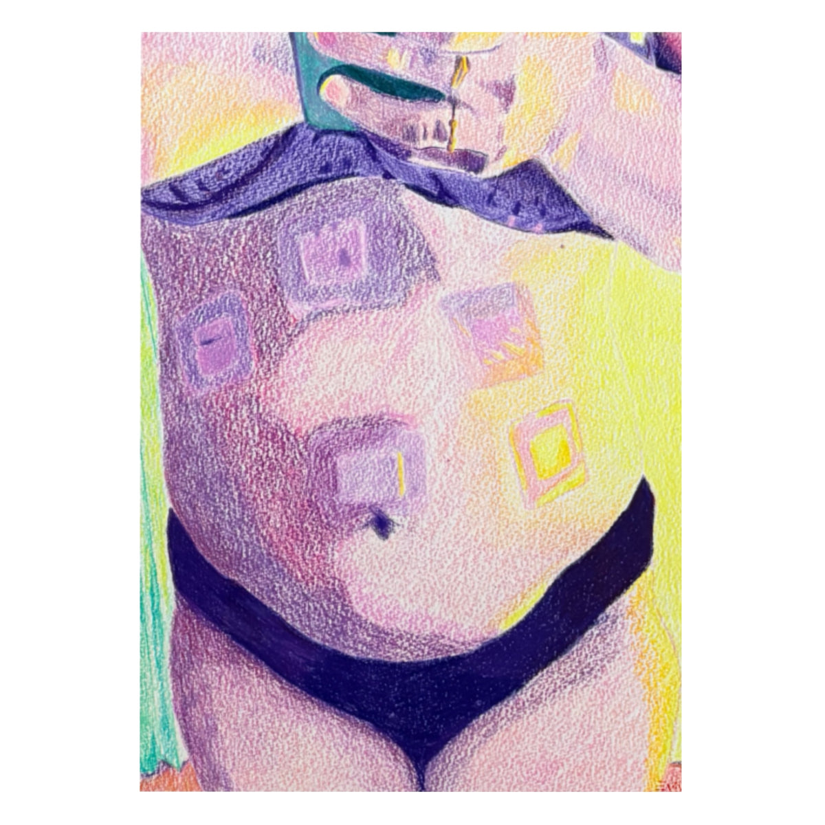 Errance, dessin aux crayons de couleur d’un ventre portant des pansements, dans des tons violets, roses et jaunes. 