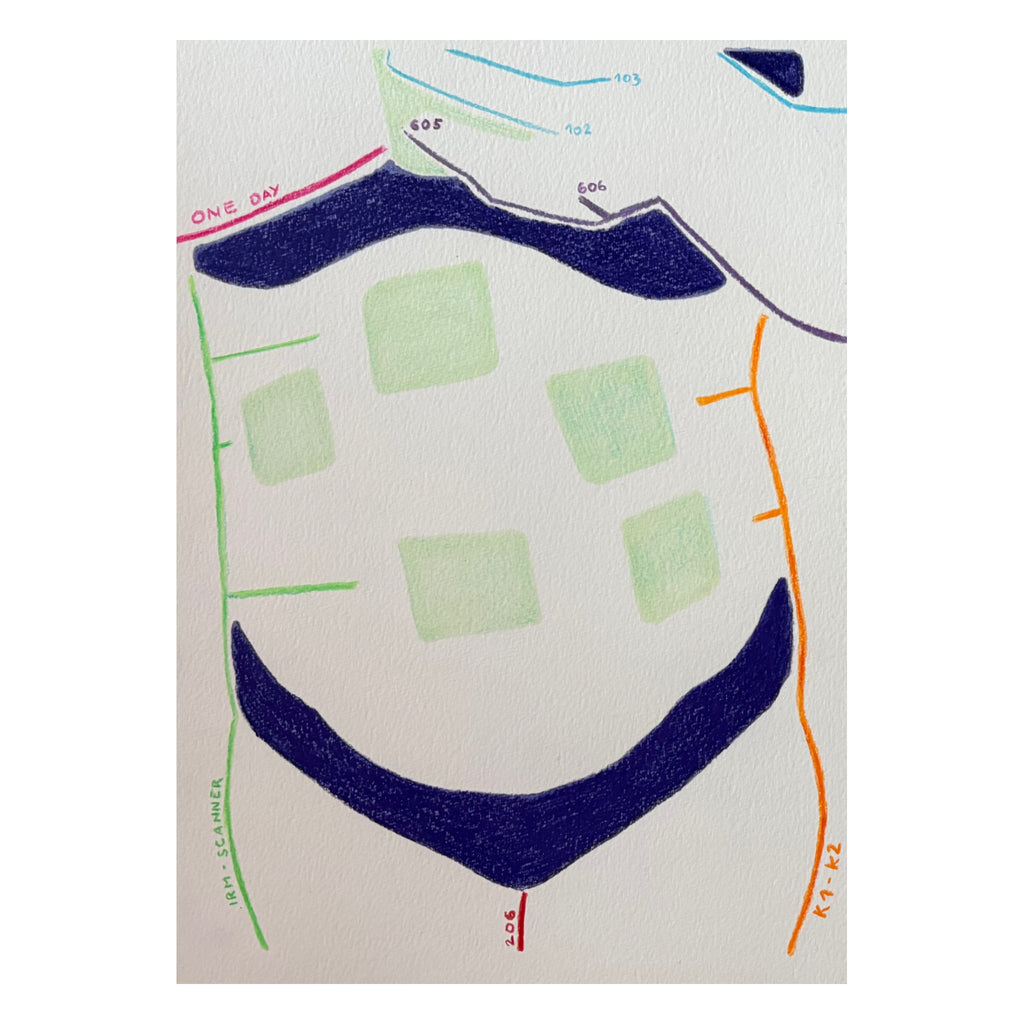 Errance, dessin aux crayons de couleur d’un ventre stylisé en plan d’hôpital, avec des lignes colorées et des numéros de services.