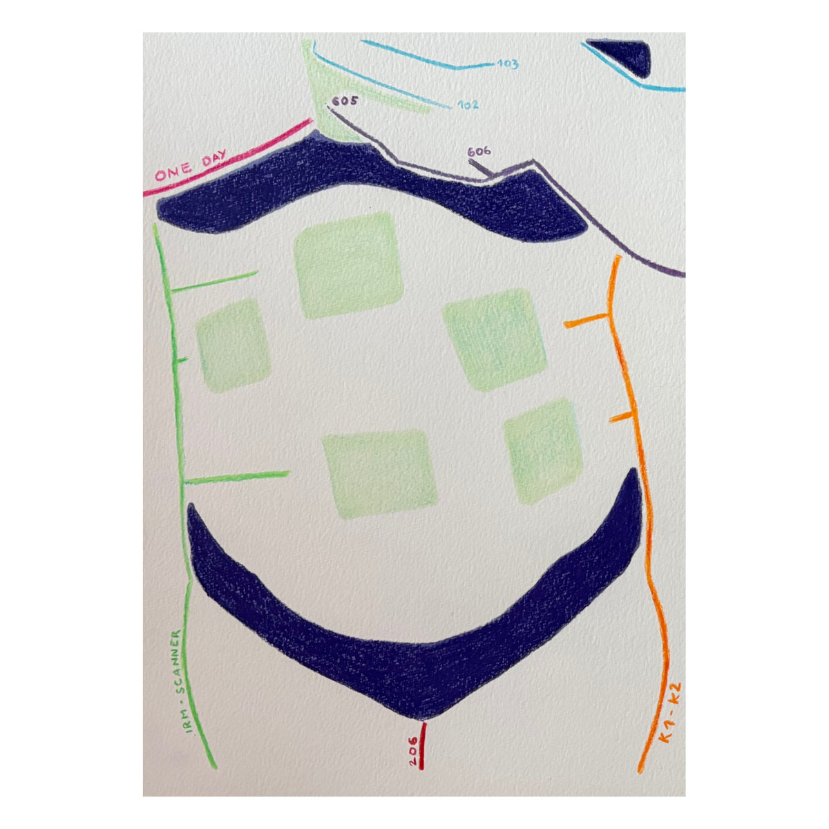 Errance, dessin aux crayons de couleur d’un ventre stylisé en plan d’hôpital, avec des lignes colorées et des numéros de services.