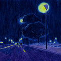 Détail de « Night on the road » : une route nocturne bleue et violette, bordée d’arbres et de lampadaires jaunes.