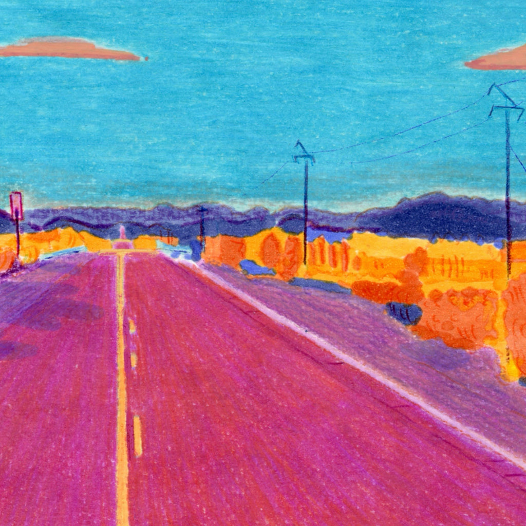 Détail de « Route 66 » : une route rose traverse un paysage désertique orange sous un ciel turquoise.